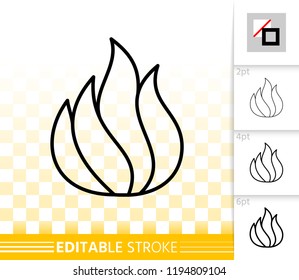 Fire thin line icon. Outline web sign of bonfire. Flame linear pictogram with different stroke width. Simple candle blaze vector symbol, transparent background. Flare editable stroke icon without fill