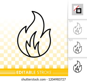 Fire thin line icon. Outline web sign of bonfire. Flame linear pictogram with different stroke width. Simple candle blaze vector symbol, transparent background. Flare editable stroke icon without fill