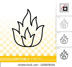 Fire thin line icon. Outline web sign of bonfire. Flame linear pictogram with different stroke width. Simple candle blaze vector symbol, transparent background. Flare editable stroke icon without fill
