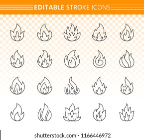 Fire thin line icons set. Outline web sign kit of bonfire. Flame linear icon collection includes warning, hot, energy, burn, campfire. Editable stroke without fill. Fire simple contour vector symbol