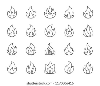 Fire thin line icons set. Outline web sign kit of bonfire. Flame linear icon collection includes game fireball, ignite energy, explosion. Simple fire Vector black contour symbol isolated on white