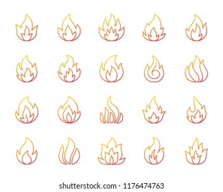 Fire thin line icons set. Outline vector web sign kit of bonfire. Flame linear design icon collection includes warning, hot, campfire Modern color gradient simple fire symbol isolated white background