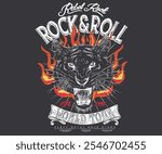 Fire with tiger artwork. Rock star design. Tiger face vector artwork for t shirt and others. Rock and roll graphic print design for apparel, stickers, posters and background.