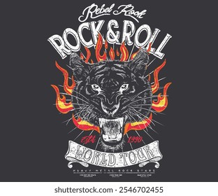 Fogo com arte de tigre. Design de estrela de rock. Tiger face arte vetorial para t shirt e outros. Design gráfico de impressão rock and roll para vestuário, adesivos, cartazes e fundo.