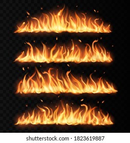 Fire tongues, long burning realistic vector flame with particles, flying sparks and embers. Burning blaze effect, glowing shining flare border, isolated 3d fire design element on black background, set