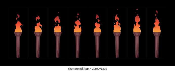 Fire torch animation. Flame Cartoon torch sprite sheet for video game. Burning fire on old wooden torch vector illustration.