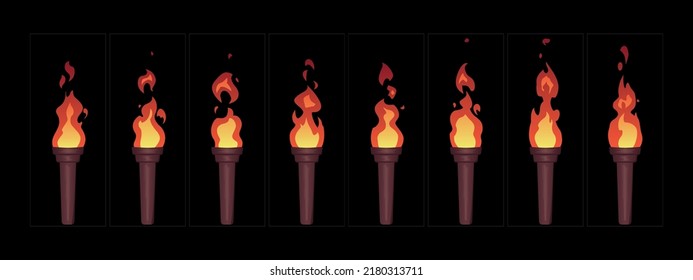 Fire torch animation. Flame Cartoon torch sprite sheet for video game. Burning fire on old wooden torch vector illustration.