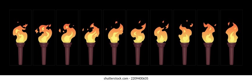 Fire Torch Animation. Flame Cartoon Torch Sprite Sheet For Video Game. Burning Fire On Old Wooden Torch Vector Illustration.