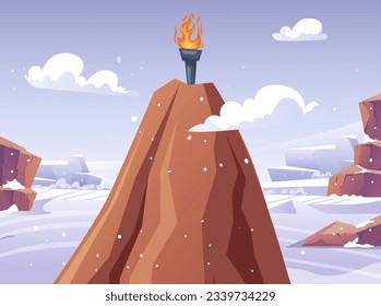 Fire torch burn on mountain top achievement success motivation concept. Vector graphic design illustration