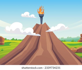 Fire torch burn on mountain top achievement success motivation concept. Vector graphic design illustration