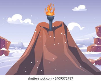 Fire torch burn on mountain top achievement success motivation concept. Vector graphic design illustration
