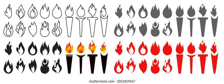 Fire torch, fire, campfire icon set. Torch symbols, flame signs, fires and bonfires silhouette collection