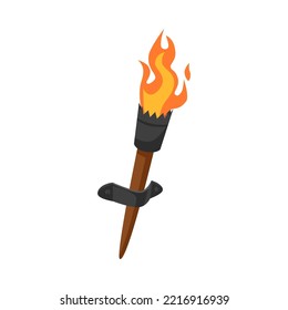 Fire torch for dark dungeons vector illustration. Cute objects for wizard school. Magic, fairy tale, Halloween concept