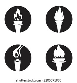 Fire torch with flame flat icons set. Collection of symbol flaming, illustration