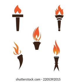 Fire torch with flame flat icons set. Collection of symbol flaming, illustration