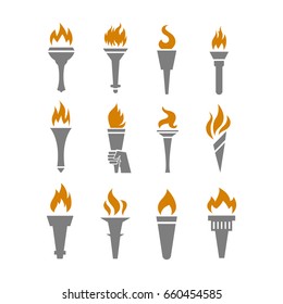 Fire torch with flame flat icons set. Collection of symbol flaming, vector illustration