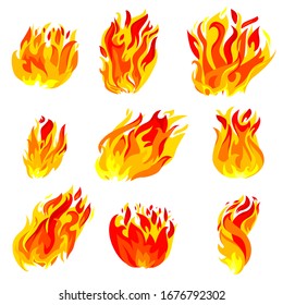 Fire, Torch Flame Icons Set Isolated on White Background. Burning Campfire or Candle Blaze Effect, Glow Orange and Yellow Shining Flare Design Element. Cartoon Vector Illustration, Animation, Clip Art