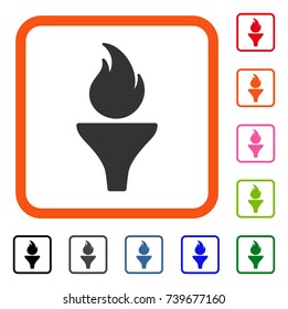 Fire Torch icon. Flat grey iconic symbol in an orange rounded rectangular frame. Black, gray, green, blue, red, orange color versions of Fire Torch vector. Designed for web and application UI.