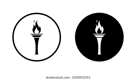 Icono de la antorcha de fuego en círculo negro. Concepto de llama deportiva