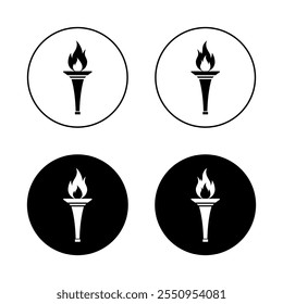 Icono de la antorcha de fuego en círculo negro. Símbolo de señal de llama deportiva