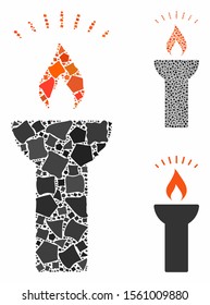 Fire torch light mosaic of bumpy items in various sizes and color hues, based on fire torch light icon. Vector humpy items are organized into collage.