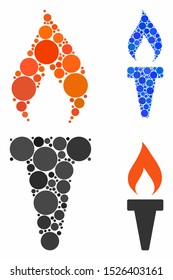 Fire torch mosaic for fire torch icon of round dots in variable sizes and color tints. Vector round dots are combined into blue collage. Dotted fire torch icon in usual and blue versions.