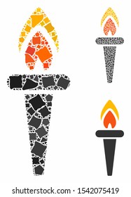 Fire torch mosaic of ragged items in variable sizes and color hues, based on fire torch icon. Vector ragged items are composed into mosaic. Fire torch icons collage with dotted pattern.