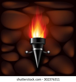 Fire Torch On Stone Wall Photo Realistic Vector Background