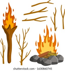 Fire and torch. Set of tree branches. Burning sticks. Campfire and objects of primitive man. Stones and wood. Cartoon flat illustration