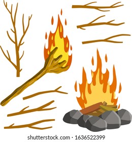 Fire and torch. Set of tree branches. Burning sticks. Campfire and objects of primitive man. Stones and wood. Cartoon flat illustration