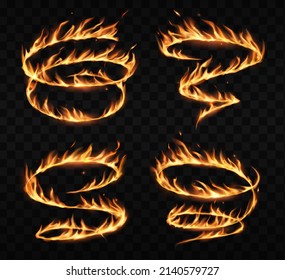 Fire tornado twister, red cyclone vortex. Vector light flare spiral spins with flying sparks. Magic swoosh with burning embers and glowing particles. Realistic 3d swirls, firestorm waves isolated set