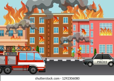 Fire in the town illustration