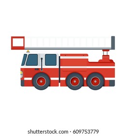 Fire track on white. Firefighter equipment and clothing, tools, accessories. Flat vector cartoon illustration. Objects isolated on a white background.