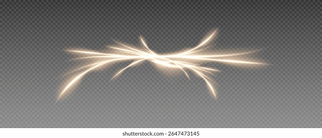 Fire trail wave, bright glow speed curve line. Glowing gold and white light stream, vector, png. Light curve line swirl effect.