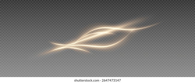 Fire trail wave, bright glow speed curve line. Glowing gold and white light stream, vector, png. Light curve line swirl effect.
