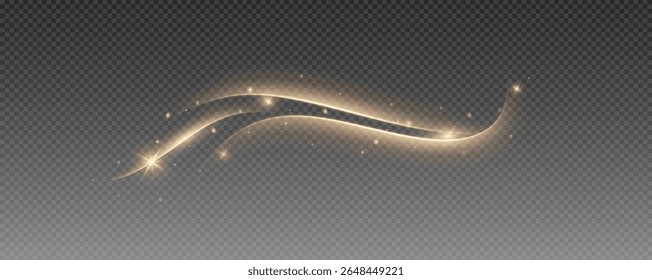 Fire trail wave, bright glow speed curve line. Glowing gold and white light stream, vector, png. Light curve line swirl effect.