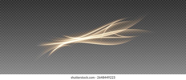 Fire trail wave, bright glow speed curve line. Glowing gold and white light stream, vector, png. Light curve line swirl effect.