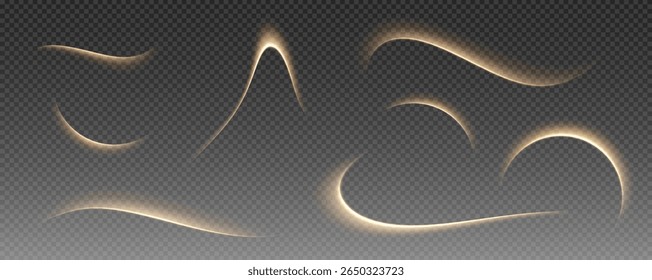 Fire trail wave, bright glow speed curve line. Glowing gold and white light stream, vector, png. Light curve line swirl effect.