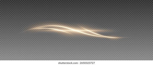 Fire trail wave, bright glow speed curve line. Glowing gold and white light stream, vector, png. Light curve line swirl effect.