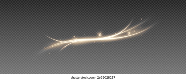 Fire trail wave, bright glow speed curve line. Glowing gold and white light stream, vector, png. Light curve line swirl effect.