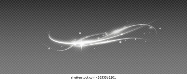 Onda del rastro del fuego, línea brillante de la curva de la velocidad del resplandor. Oro brillante y corriente de luz blanca, Vector, png. Efecto de remolino de línea de curva de luz.