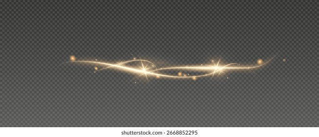 Brandspurwelle, Kurve mit heller Glühgeschwindigkeit. Leuchtender goldener und weißer Lichtstrom, Vektor, png. Lichtkurven-Linienwirbeleffekt.