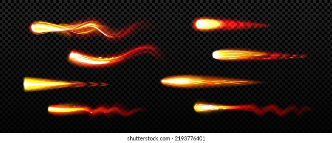 Fire trails, flying asteroids, comets, glowing lines with light sparks, cracker, magic fire ball or wand trace motion vfx effect. Isolated petards, bright glow sparkles, Realistic 3d vector set