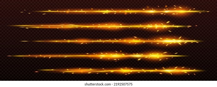 Rutas de fuego con chispas, líneas abstractas de resplandor brillante. Conjunto vectorial realista de ramas de llama, líneas rectas horizontales con luz naranja y destellos aislados en fondo transparente