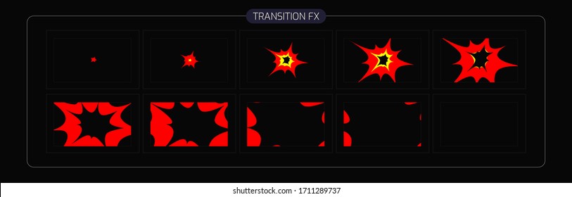 Fire Transitions Effect. Bomb Explosion Animation. Smoke Transitions FX Sprite Sheet Of Ready For Games, Cartoon Or Animation And Motion Design. Colorful Scene Transition.