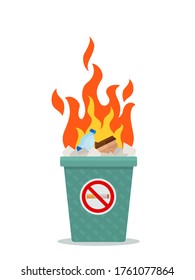 Fire in a trash can. The garbage caught fire in the trash bin because the man threw a burning cigarette at it. Vector illustration, flat design, cartoon style, isolated on white background.