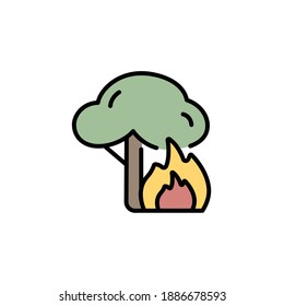 Fuego y árbol. Icono de color relleno. Ilustración de vectores meteorológicos