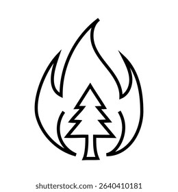 Fire tree icon. Burning forest symbol. Black flame design. White background.