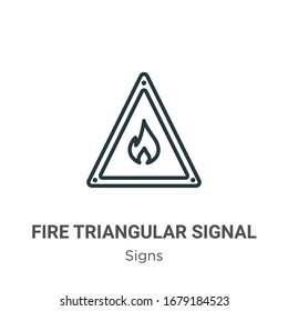 Fire triangular signal outline vector icon. Thin line black fire triangular signal icon, flat vector simple element illustration from editable signs concept isolated stroke on white background