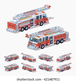 Fire truck. 3D lowpoly isometric vector illustration. The set of objects isolated against the white background and shown from different sides